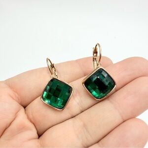Emerald Green Gold Tone Hoop Earrings